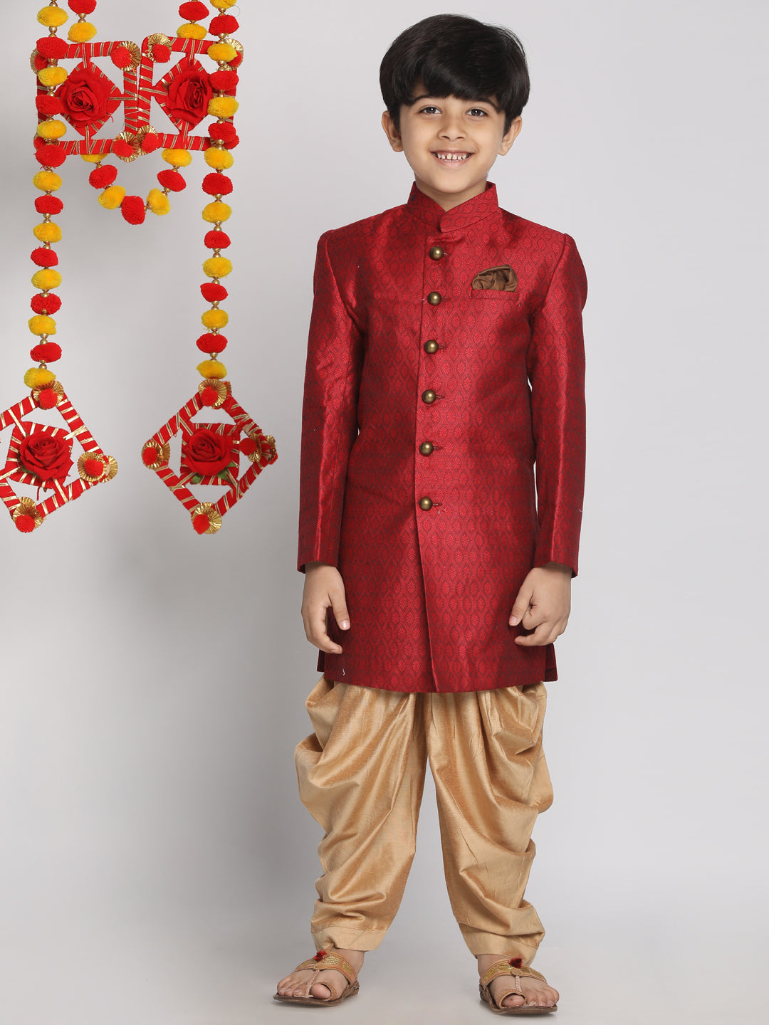VASTRAMAY Boys Maroon Indo Western Jacquard Sherwani and Dhoti Pant Set - qivii