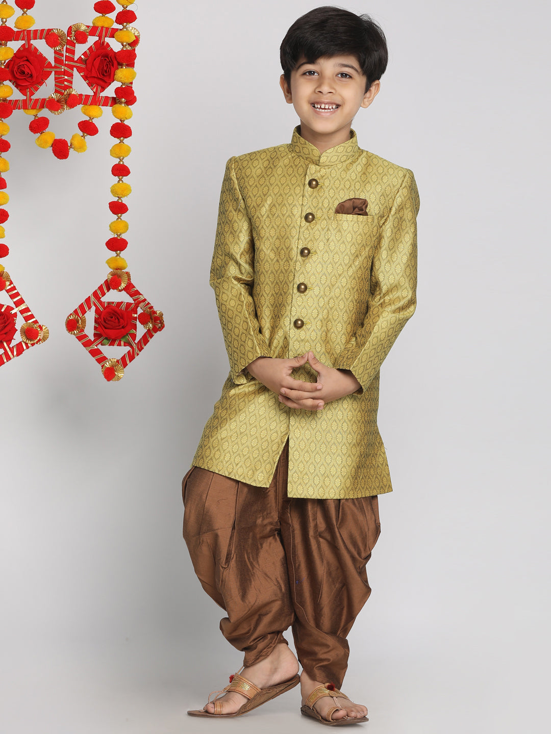 VASTRAMAY Boys Yellow Indo Western Jacquard Sherwani and Dhoti Pant Set - qivii