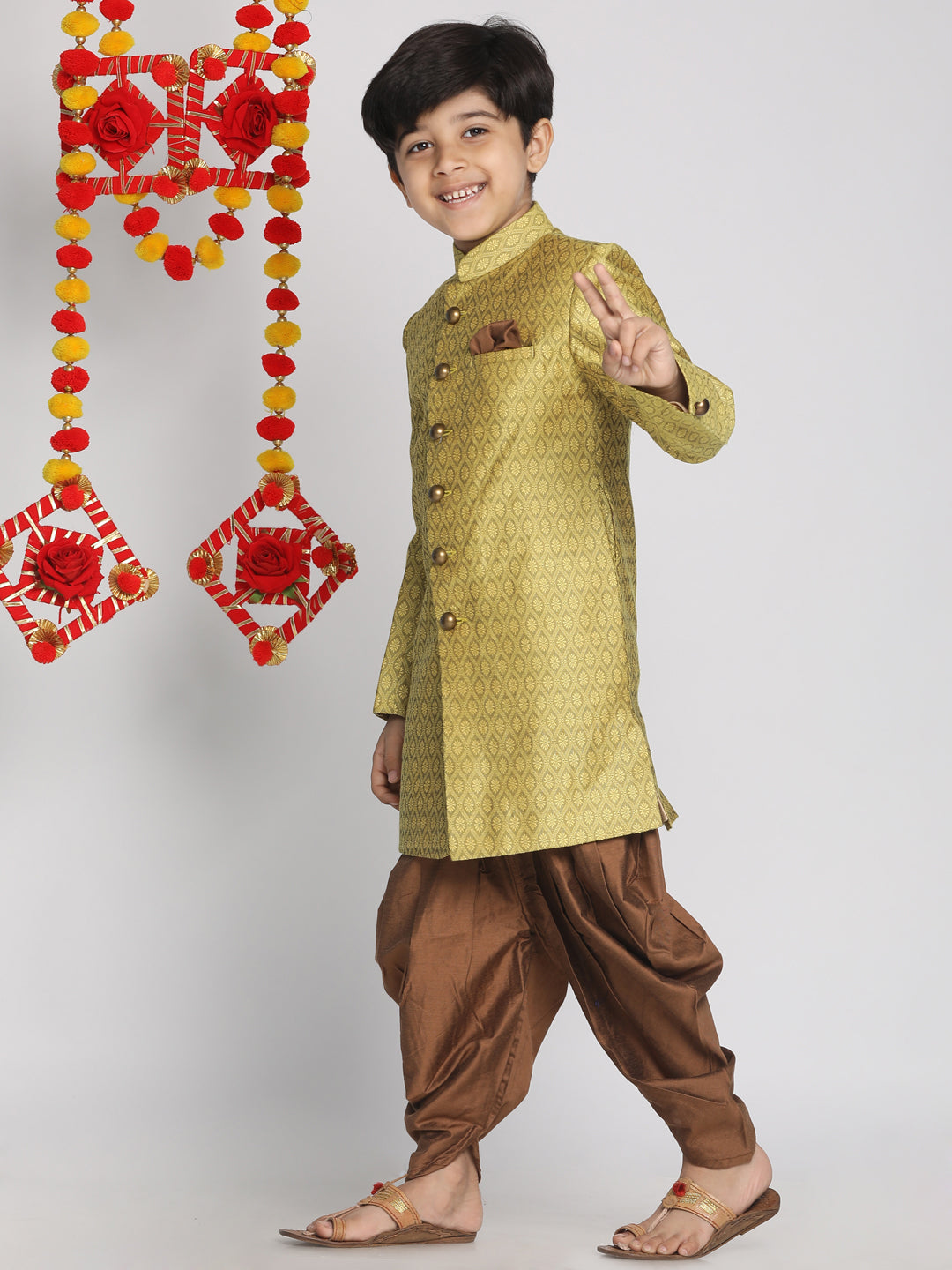 VASTRAMAY Boys Yellow Indo Western Jacquard Sherwani and Dhoti Pant Set - qivii