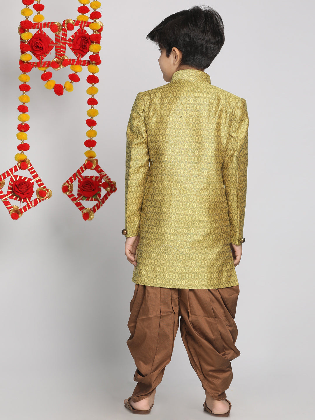 VASTRAMAY Boys Yellow Indo Western Jacquard Sherwani and Dhoti Pant Set - qivii