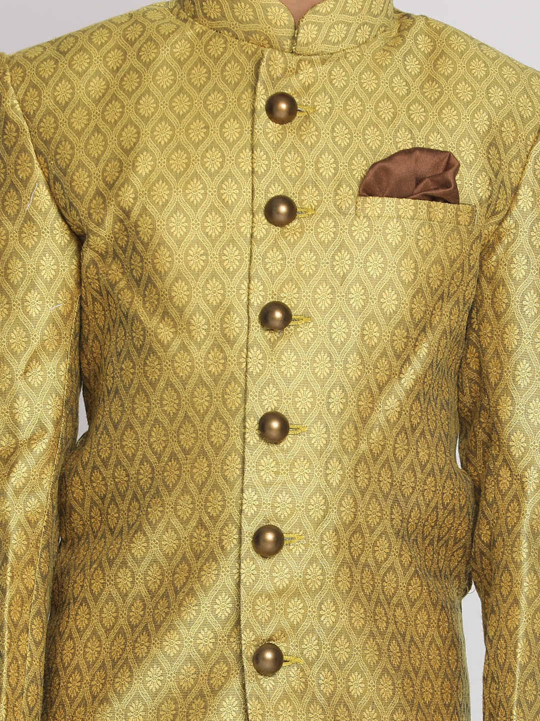 VASTRAMAY Boys Yellow Indo Western Jacquard Sherwani and Dhoti Pant Set - qivii