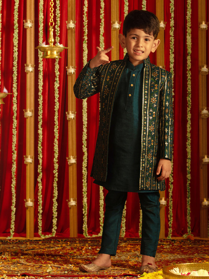VASTRAMAY Boys' Turquoise Blue Flapped Embroidered Sherwani Set - qivii