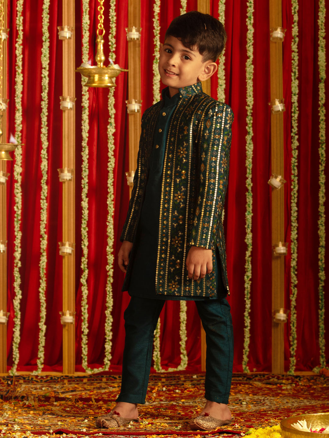 VASTRAMAY Boys' Turquoise Blue Flapped Embroidered Sherwani Set - qivii