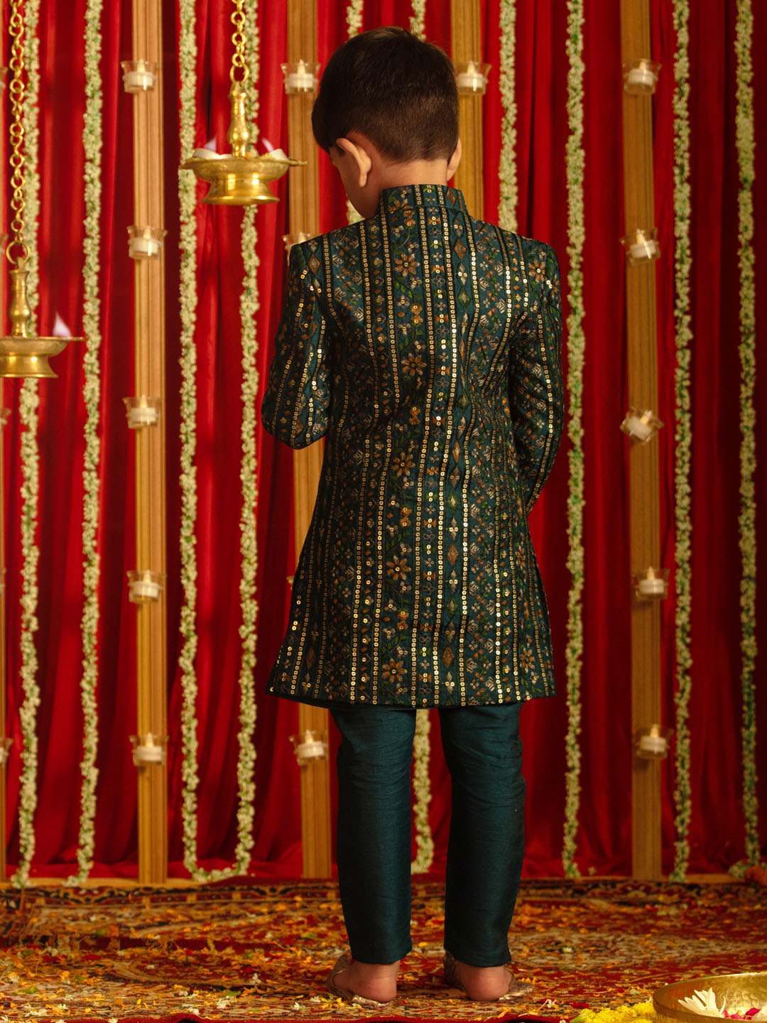 VASTRAMAY Boys' Turquoise Blue Flapped Embroidered Sherwani Set - qivii