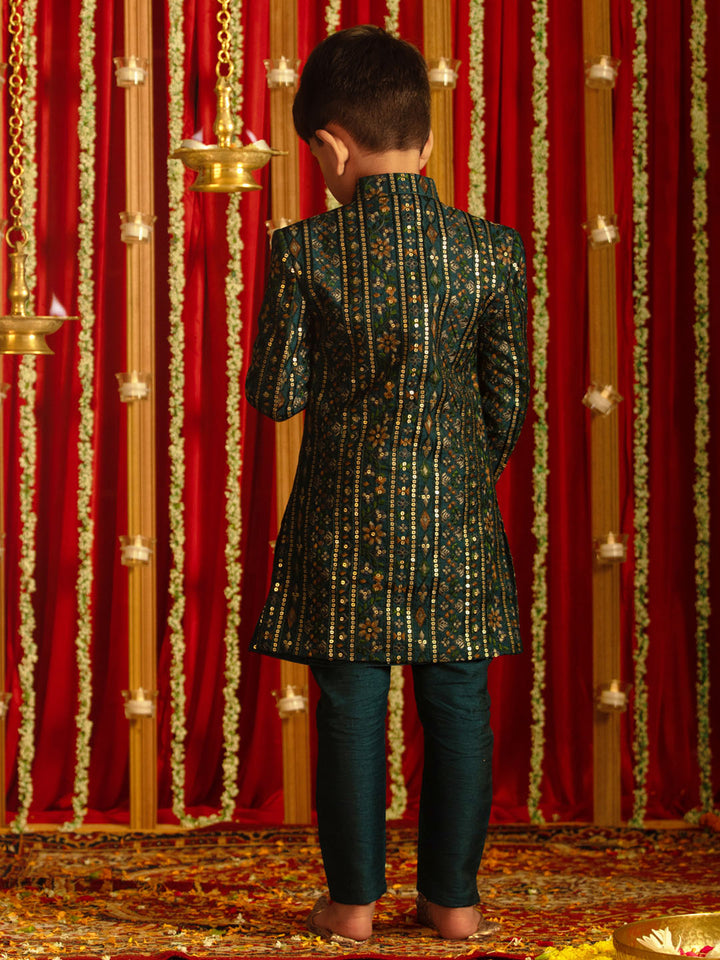 VASTRAMAY Boys' Turquoise Blue Flapped Embroidered Sherwani Set - qivii