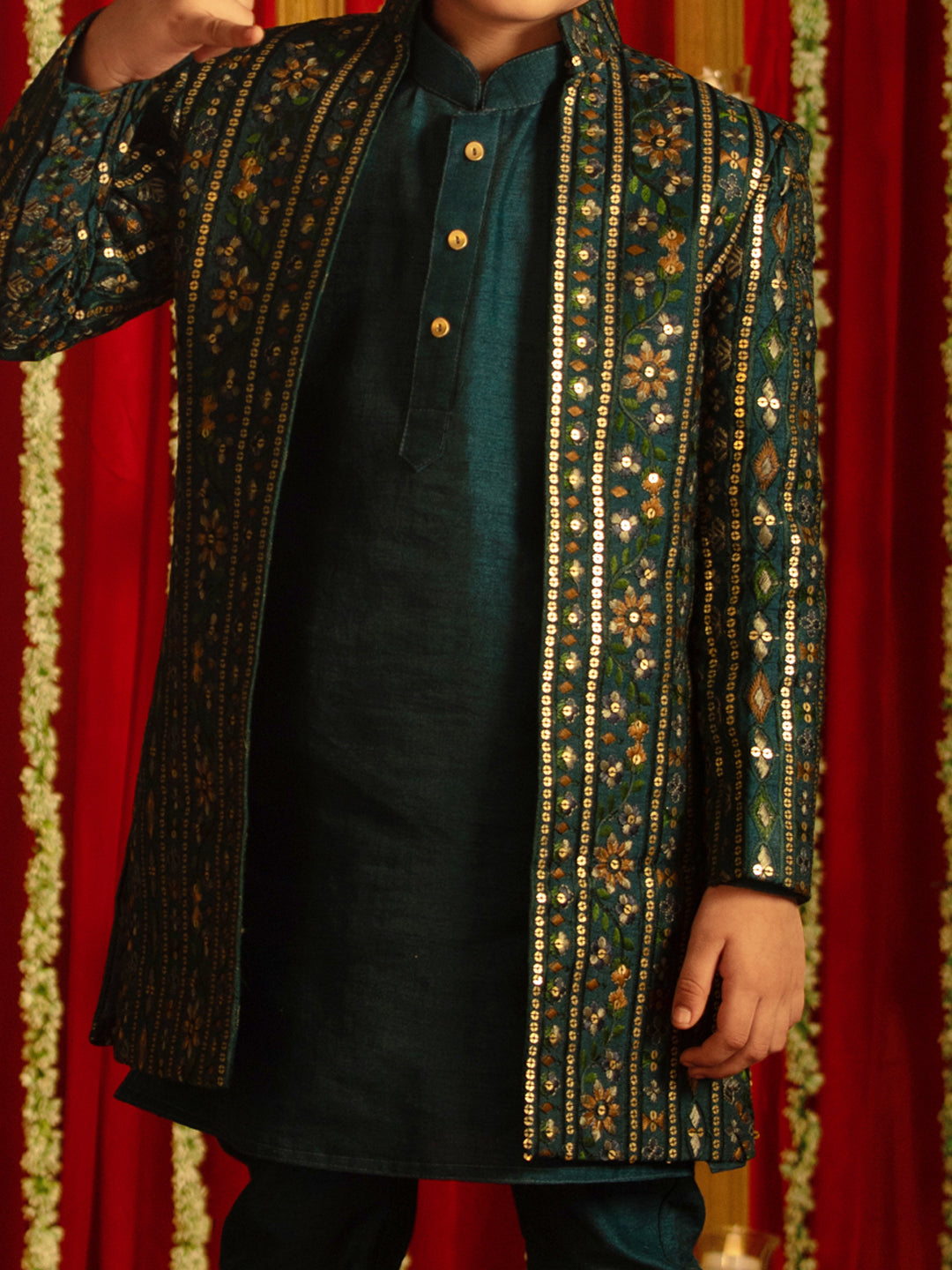 VASTRAMAY Boys' Turquoise Blue Flapped Embroidered Sherwani Set - qivii
