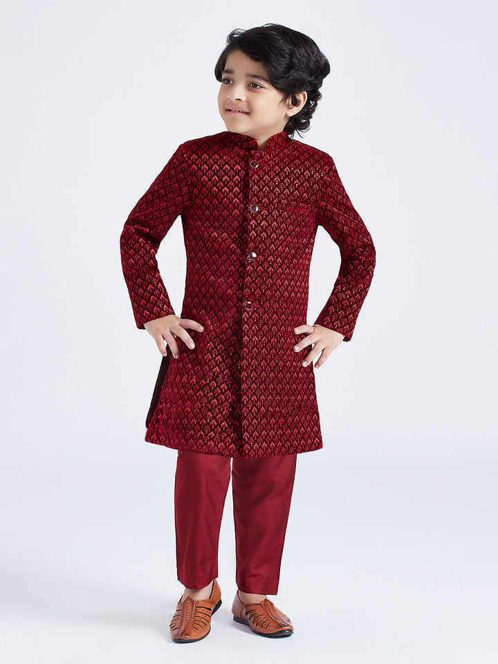 VASTRAMAY Boys' Maroon Sherwani Set - qivii
