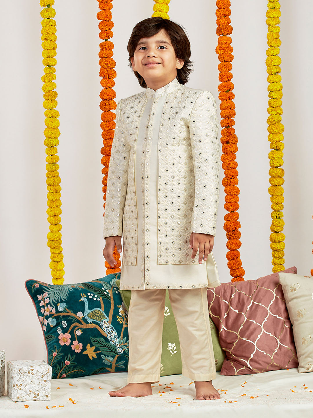 VASTRAMAY Boys' Cream Sherwani Set - qivii