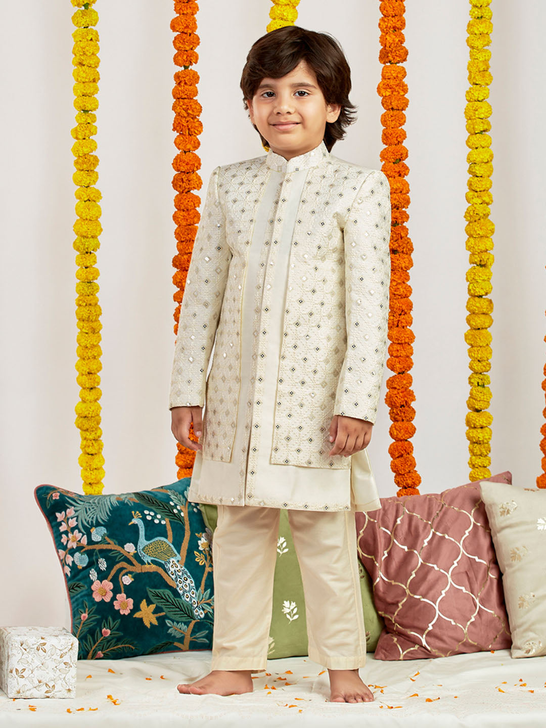 VASTRAMAY Boys' Cream Sherwani Set - qivii