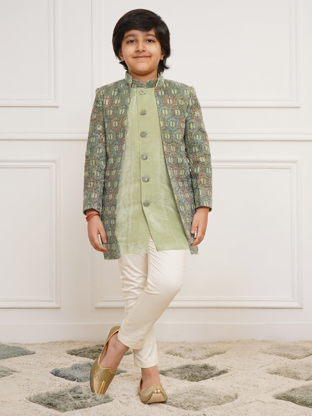 VASTRAMAY Boys' Green Indo Western And Pyjama Set - qivii
