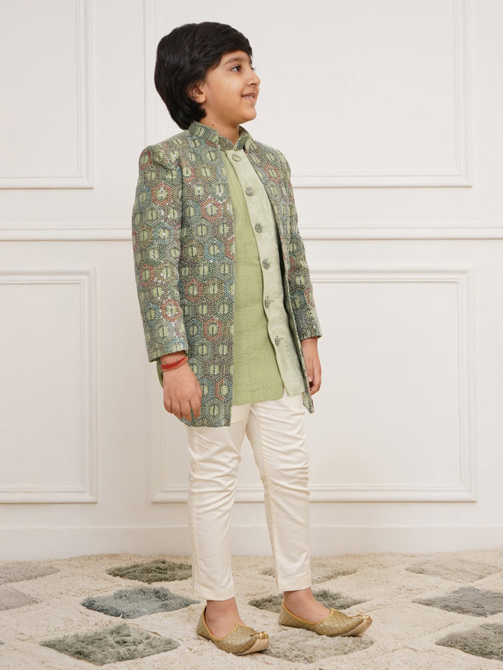VASTRAMAY Boys' Green Indo Western And Pyjama Set - qivii