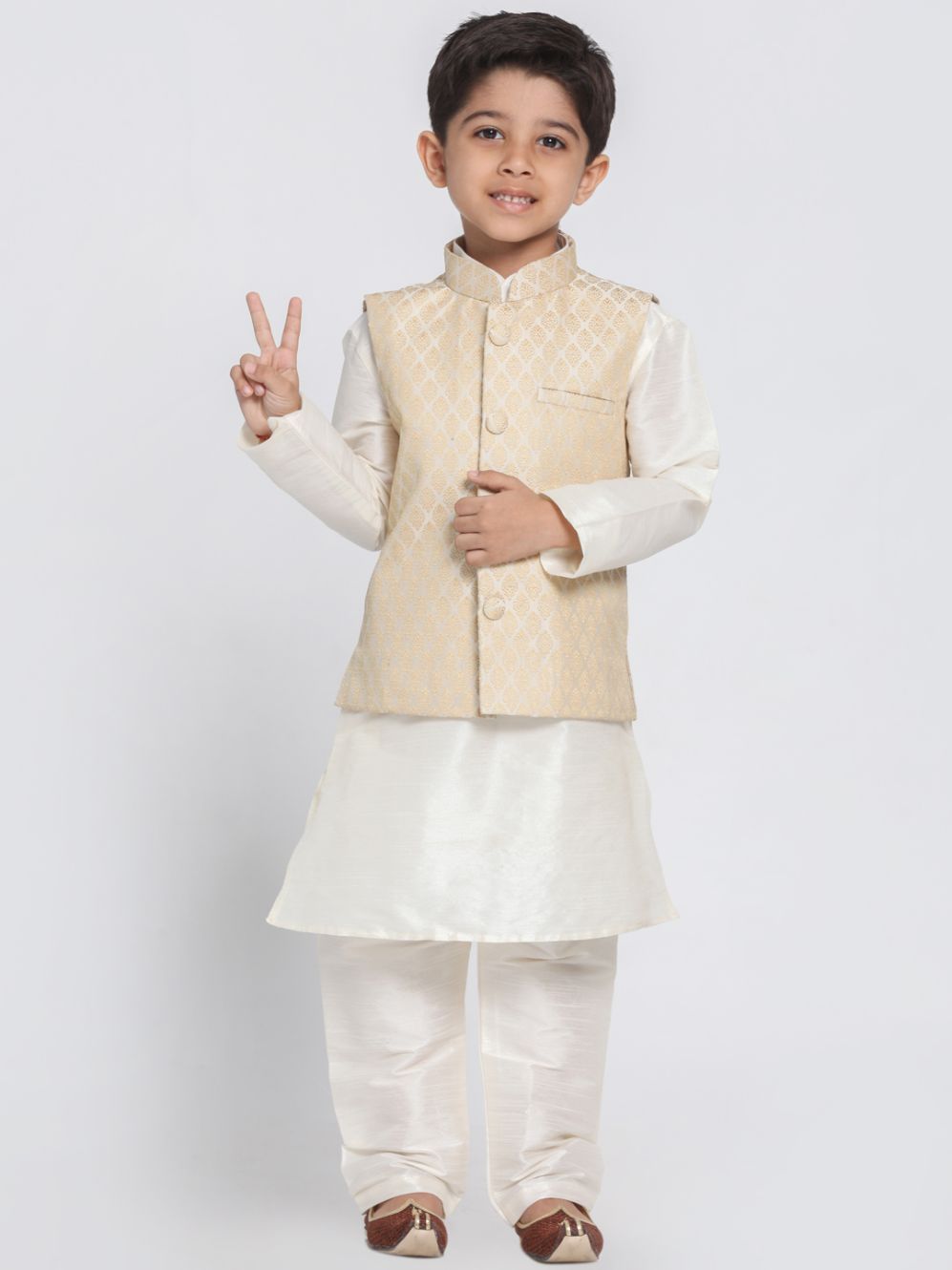 Vastramay Boys Beige Cotton Silk Blend Kurta, Waistcoat and Pyjama Set - qivii