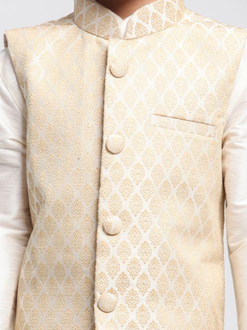 Vastramay Boys Beige Cotton Silk Blend Kurta, Waistcoat and Pyjama Set - qivii