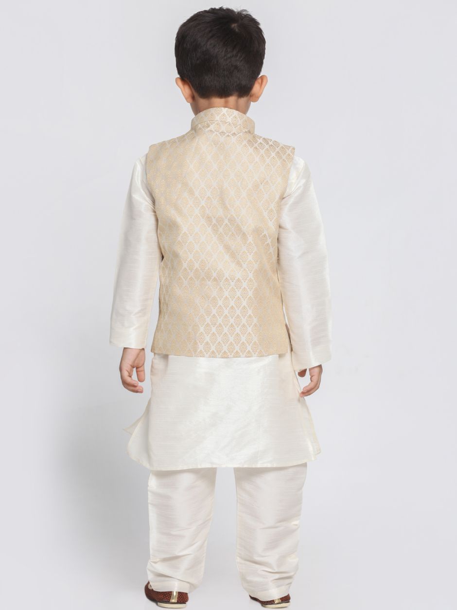 Vastramay Boys Beige Cotton Silk Blend Kurta, Waistcoat and Pyjama Set - qivii