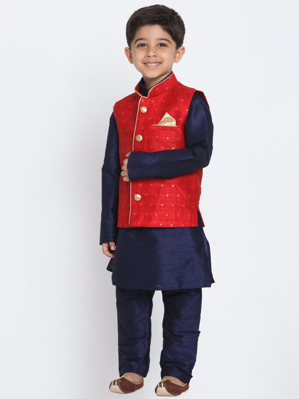 Vastramay Boys Maroon Silk Blend Nehru Jacket With Navy Blue Kurta And Pyjama Set - qivii