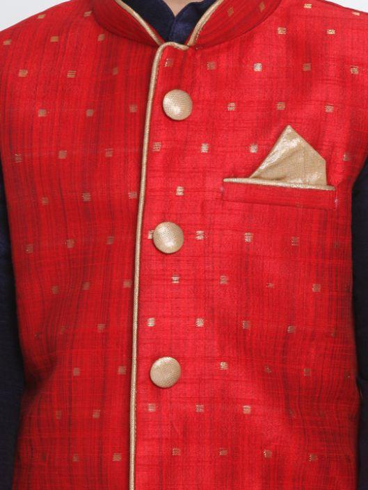 Vastramay Boys Maroon Silk Blend Nehru Jacket With Navy Blue Kurta And Pyjama Set - qivii