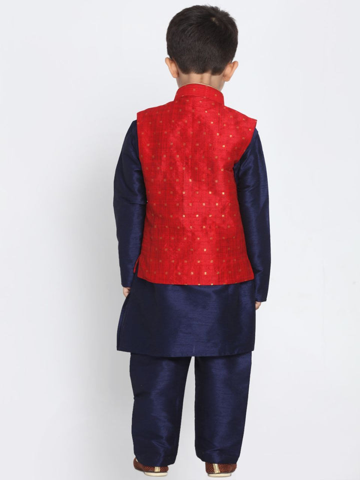 Vastramay Boys Maroon Silk Blend Nehru Jacket With Navy Blue Kurta And Pyjama Set - qivii