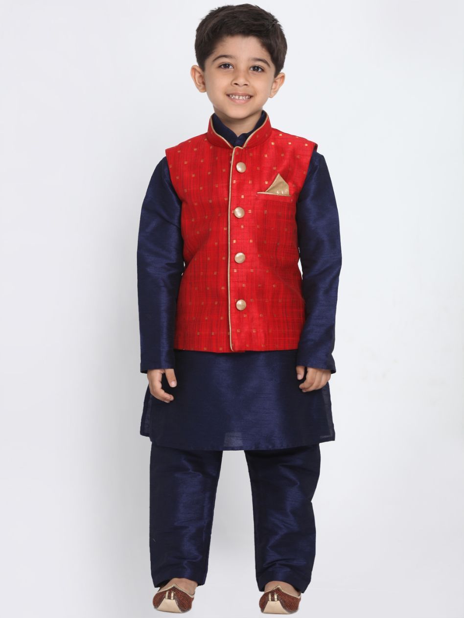 Vastramay Boys Maroon Silk Blend Nehru Jacket With Navy Blue Kurta And Pyjama Set - qivii