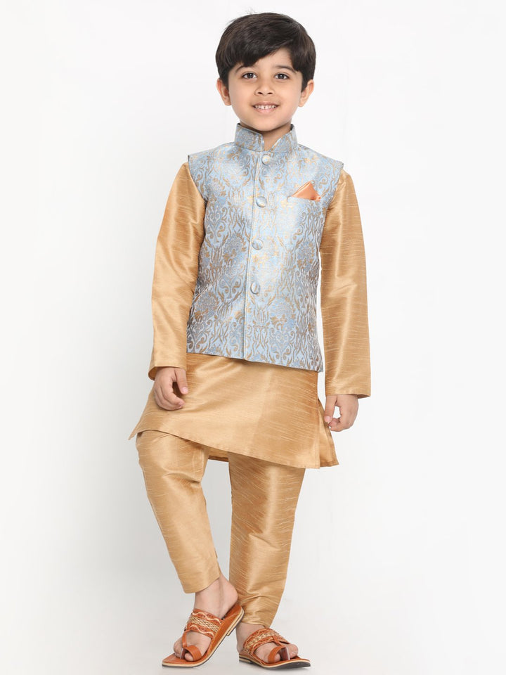 VASTRAMAY Boys Grey Silk Blend Kurta, Ethnic Jacket and Pyjama Set - qivii
