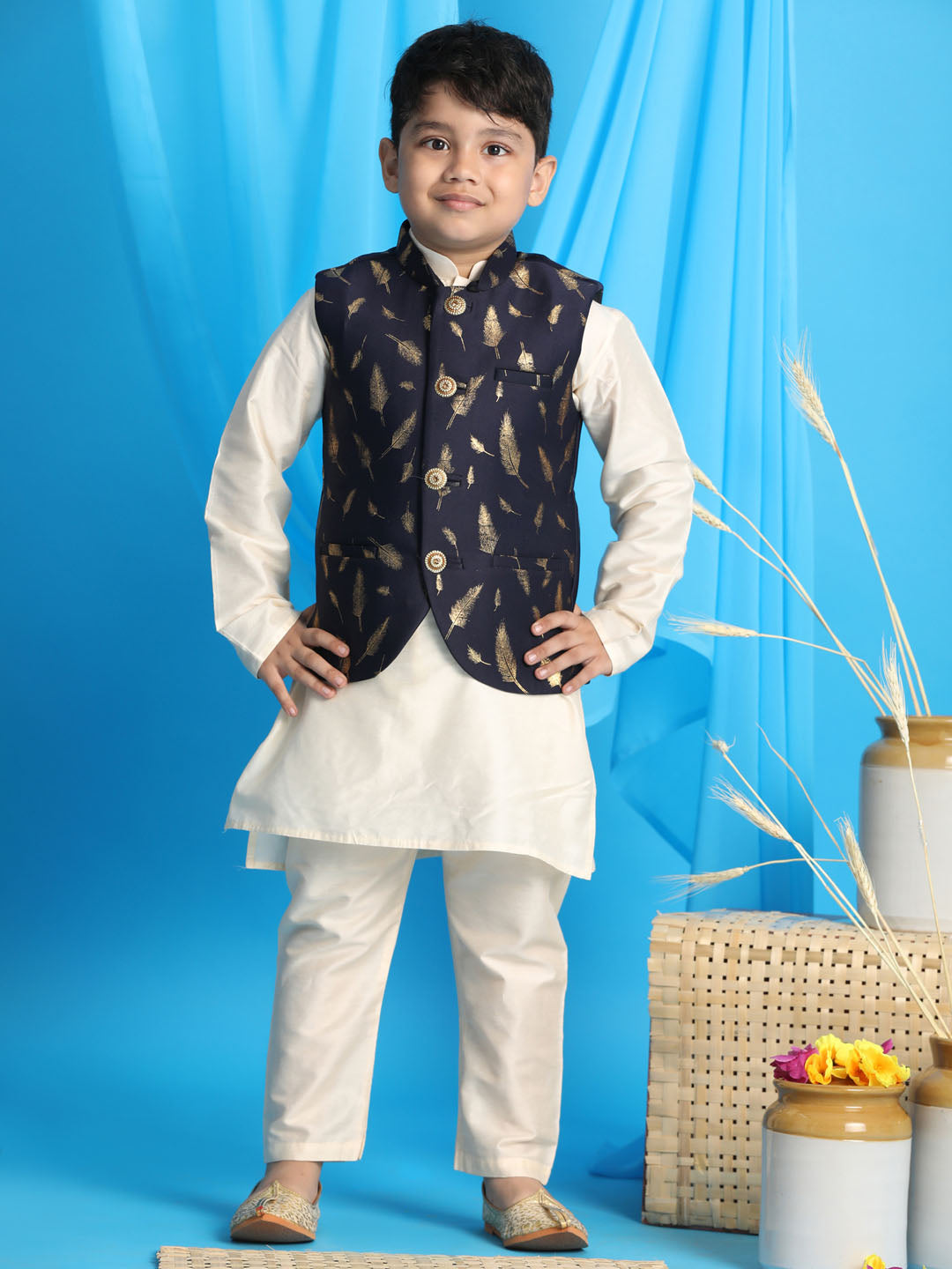 VASTRAMAY Boy's Navy Blue Golden Printed Jacket With Cream Kurta Pyjama set - qivii