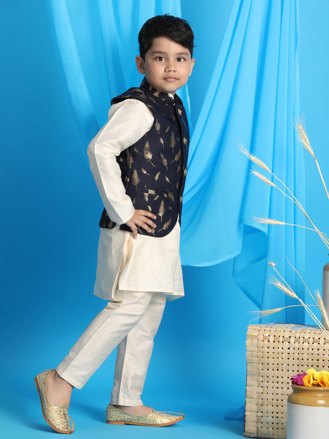 VASTRAMAY Boy's Navy Blue Golden Printed Jacket With Cream Kurta Pyjama set - qivii