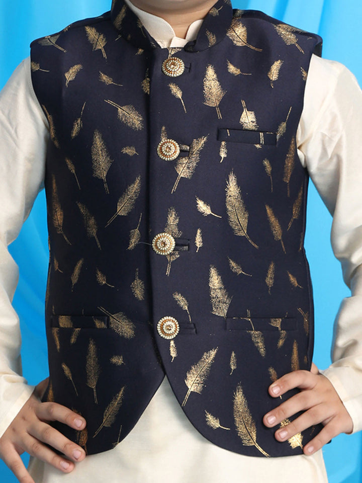 VASTRAMAY Boy's Navy Blue Golden Printed Jacket With Cream Kurta Pyjama set - qivii