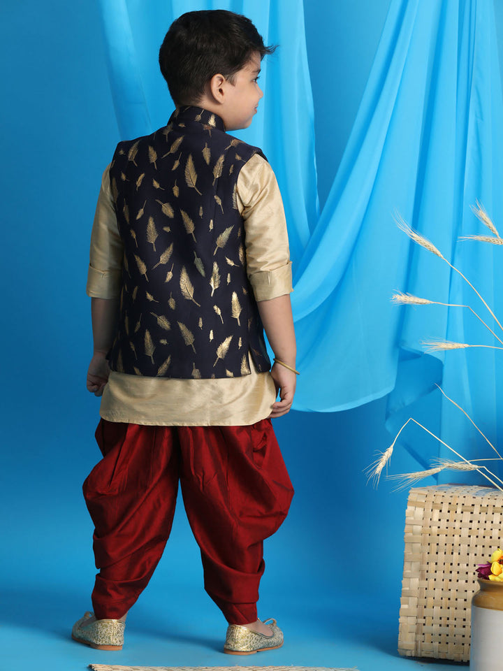 VASTRAMAY Boy's Navy Blue Golden Printed Nehru Jacket With Gold Kurta And Maroon Dhoti Set - qivii