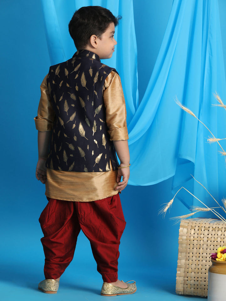 VASTRAMAY Boy's Navy Blue Golden Printed Nehru Jacket With Rose Gold Kurta And Maroon Dhoti Set - qivii