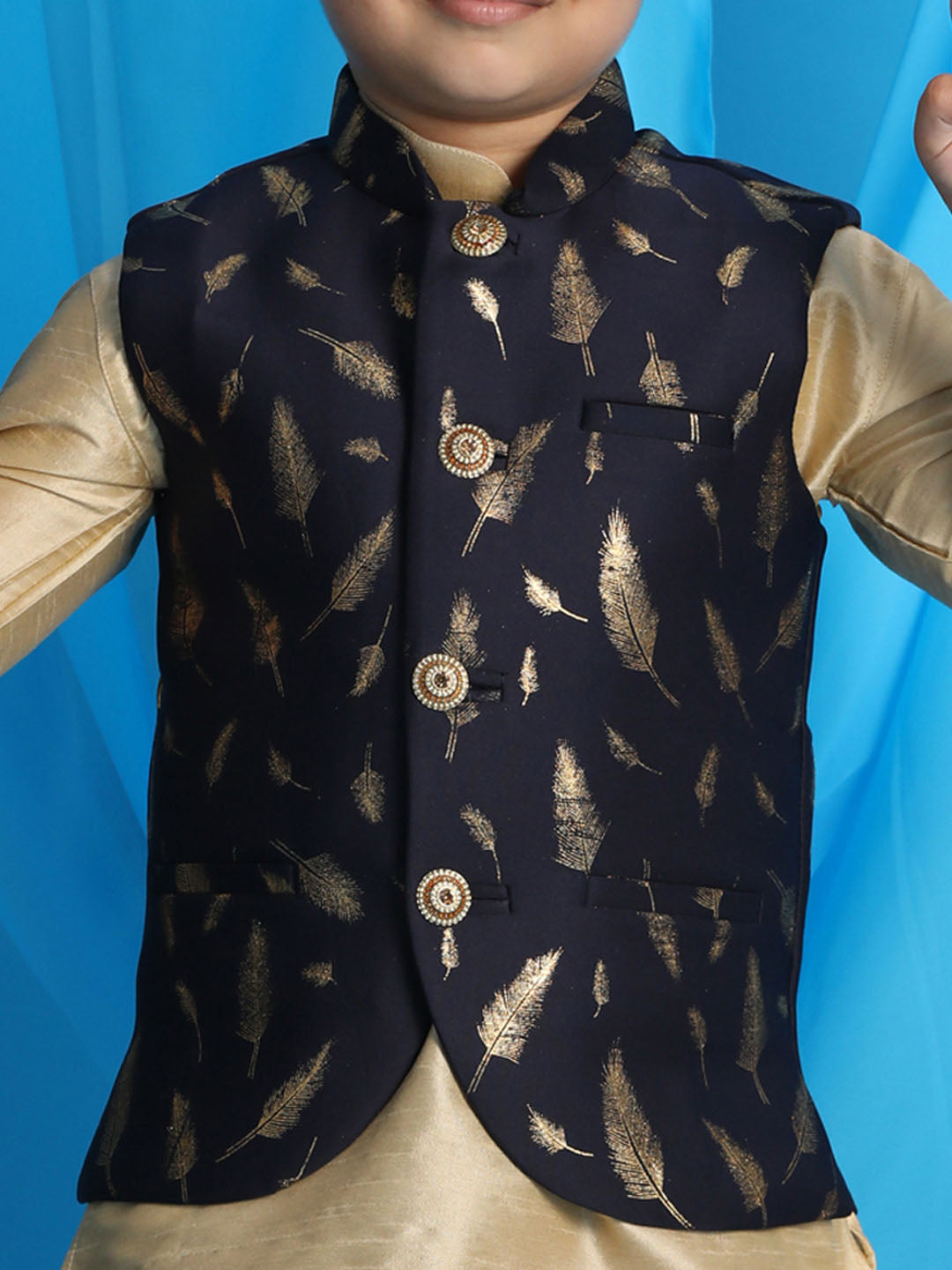 VASTRAMAY Boy's Navy Blue Golden Printed Nehru Jacket With Rose Gold Kurta And Maroon Dhoti Set - qivii