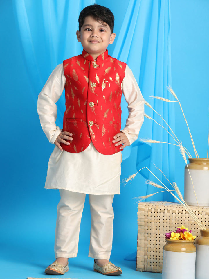 VASTRAMAY Boy's Red Golden Printed Jacket With Cream Kurta Pyjama set - qivii