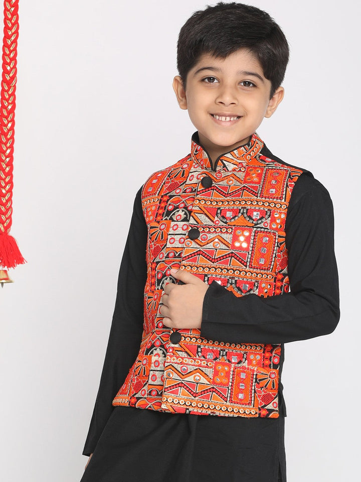 VASTRAMAY Boys' Orange And Black Nehru Jacket - qivii