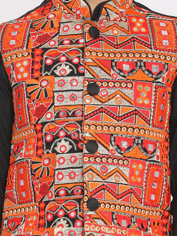 VASTRAMAY Boys' Orange And Black Nehru Jacket - qivii