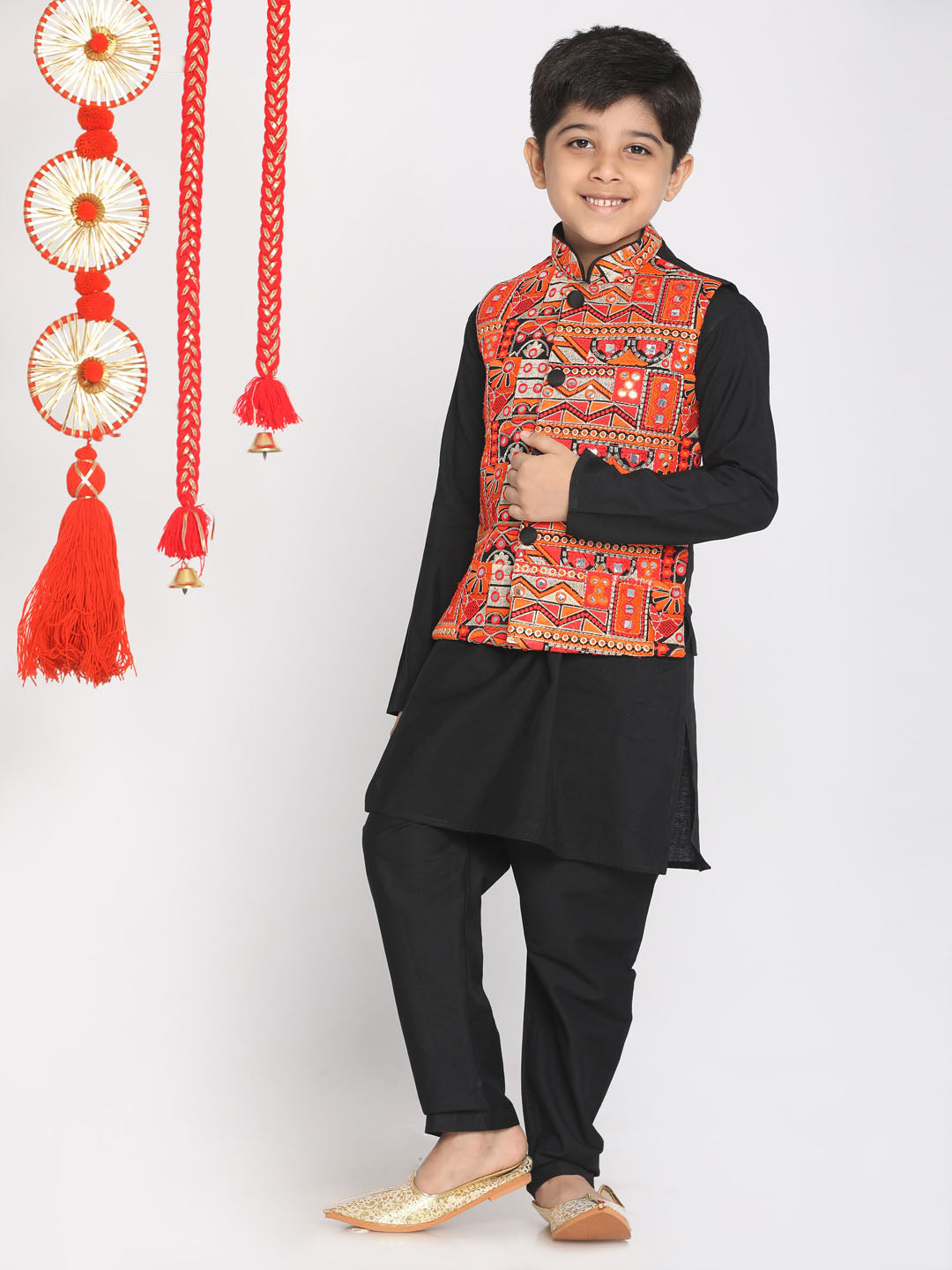 VASTRAMAY Boys' Orange And Black Jacket, Kurta and Pyjama Set - qivii