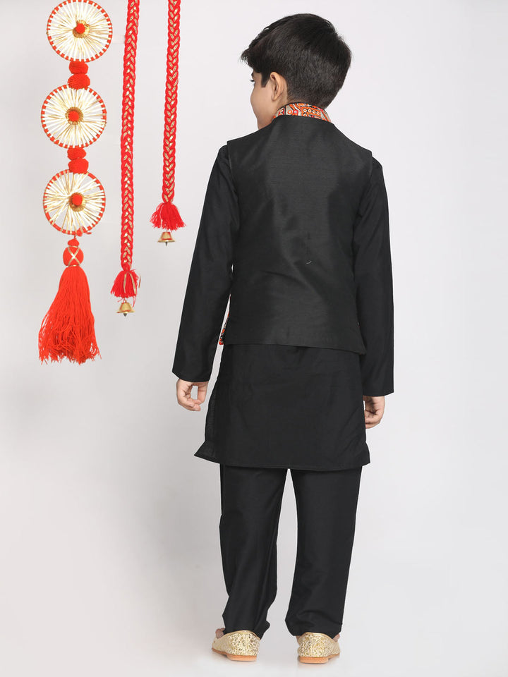 VASTRAMAY Boys' Orange And Black Jacket, Kurta and Pyjama Set - qivii