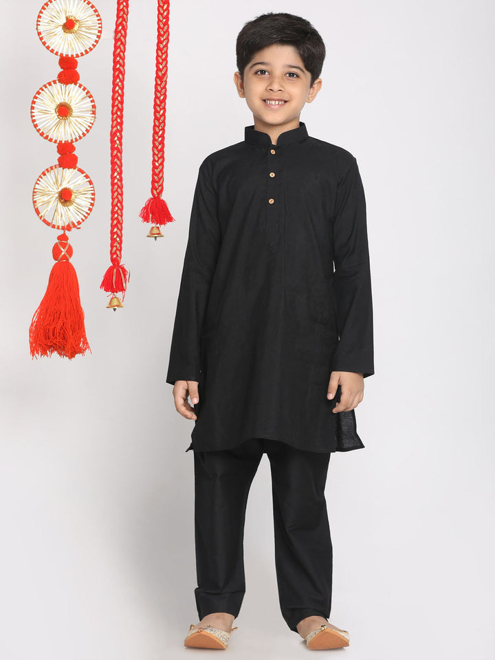 VASTRAMAY Boys' Orange And Black Jacket, Kurta and Pyjama Set - qivii