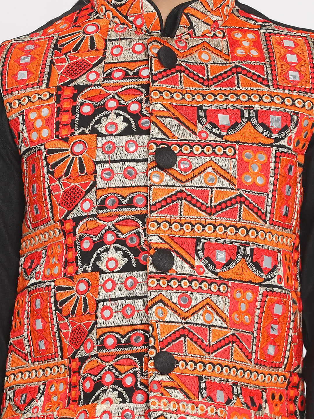 VASTRAMAY Boys' Orange And Black Jacket, Kurta and Pyjama Set - qivii