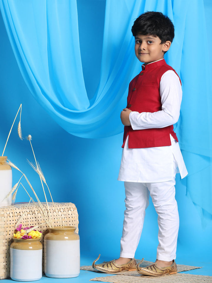 VASTRAMAY Boy's Maroon Solid Nehru Jacket With White Kurta Pyjama set - qivii