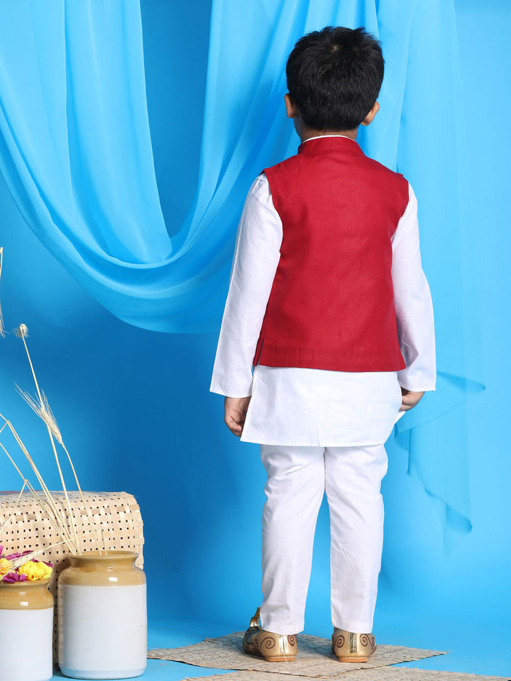 VASTRAMAY Boy's Maroon Solid Nehru Jacket With White Kurta Pyjama set - qivii