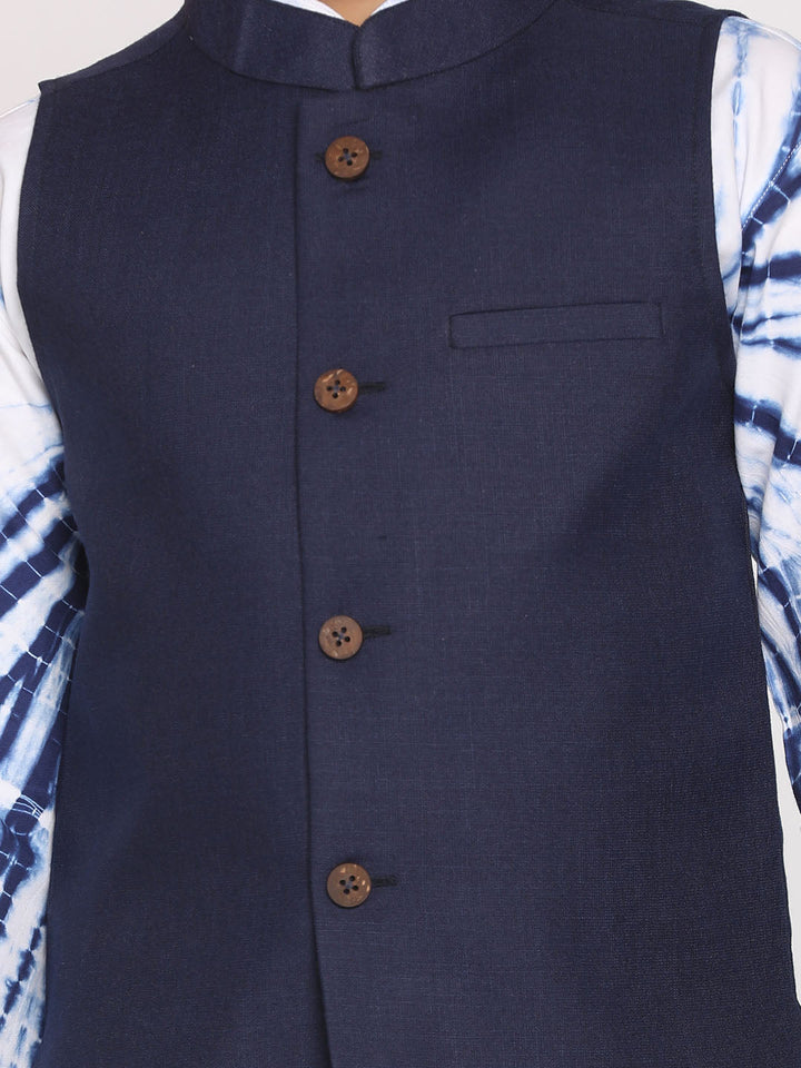 VASTRAMAY Boy's Navy Blue Cotton Blend Nehru Jacket - qivii