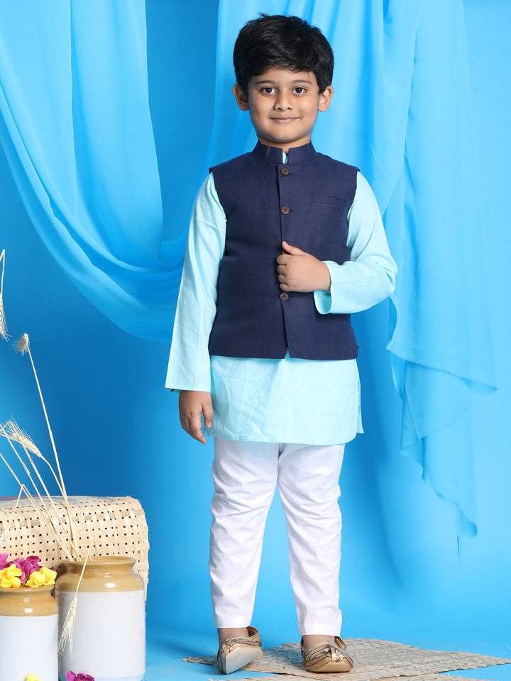 VASTRAMAY Boy's Navy Blue Solid Jacket With Aqua Blue Kurta and White Pyjama Set - qivii
