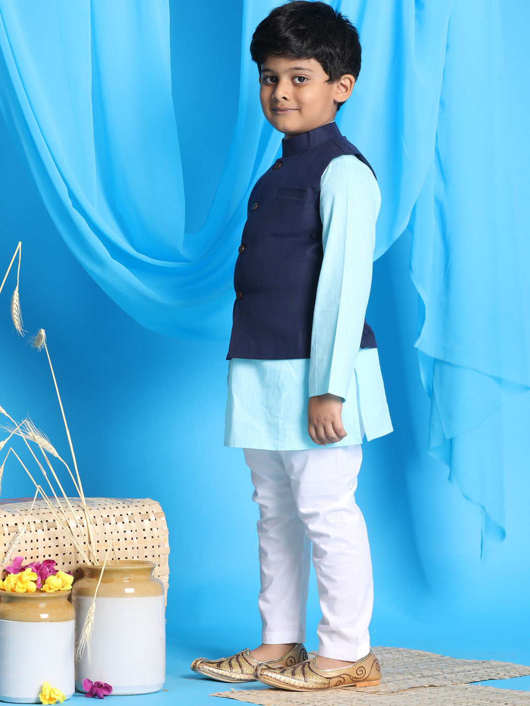 VASTRAMAY Boy's Navy Blue Solid Jacket With Aqua Blue Kurta and White Pyjama Set - qivii