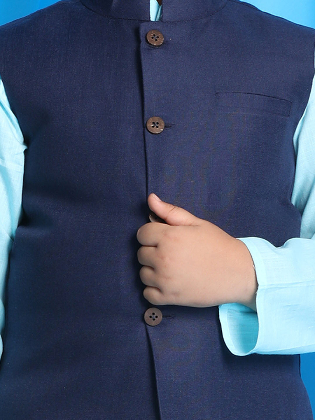 VASTRAMAY Boy's Navy Blue Solid Jacket With Aqua Blue Kurta and White Pyjama Set - qivii