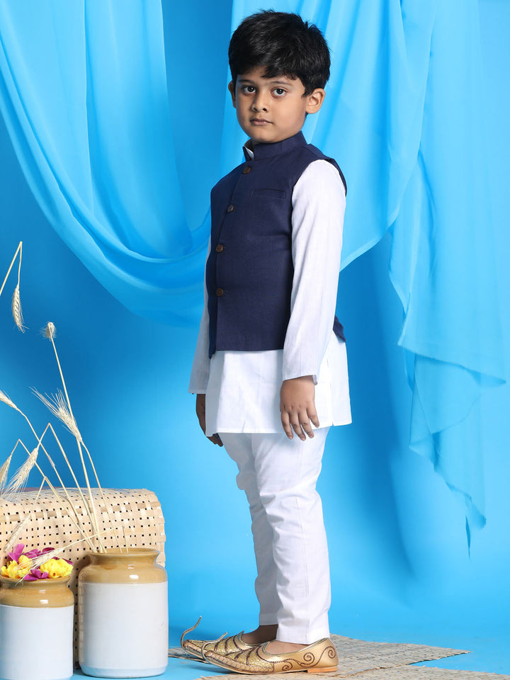 VASTRAMAY Boy's Navy Blue Solid Nehru Jacket With White Kurta Pyjama set - qivii