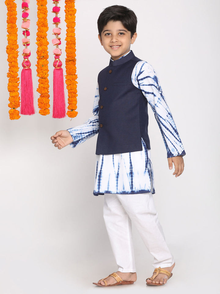Vastramay Boys Navy Blue Dyed Regular Pure Cotton Kurta with Pyjamas & Nehru Jacket - qivii