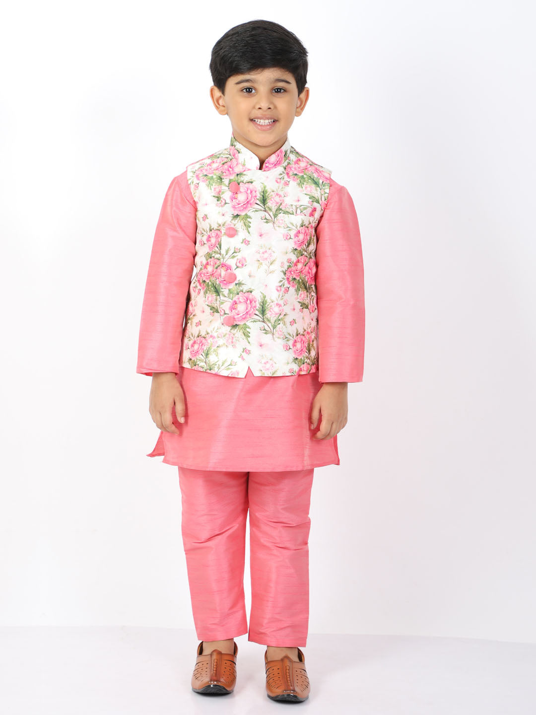 VASTRAMAY Boys Floral Printed Nehru Jacket With Silk Blend Solid Kurta Pyjama Set - qivii