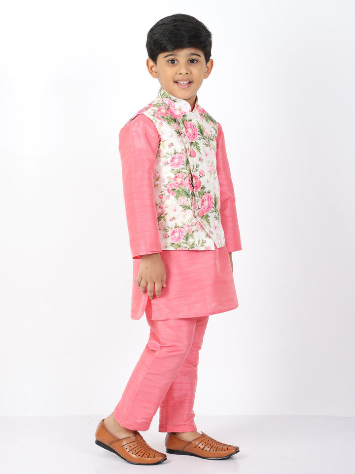 VASTRAMAY Boys Floral Printed Nehru Jacket With Silk Blend Solid Kurta Pyjama Set - qivii
