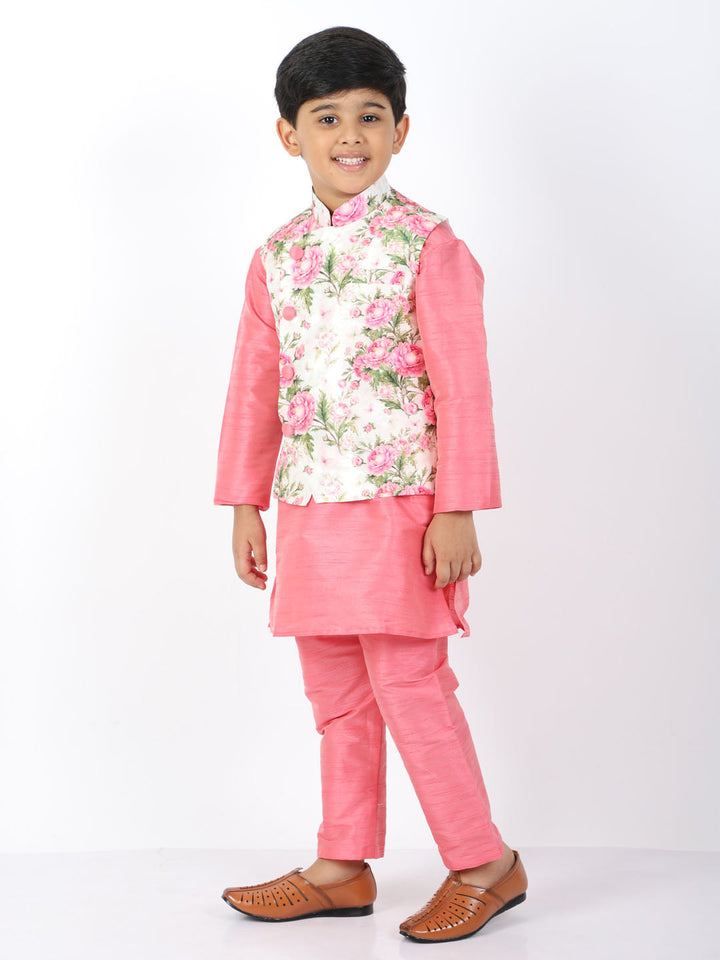 VASTRAMAY Boys Floral Printed Nehru Jacket With Silk Blend Solid Kurta Pyjama Set - qivii