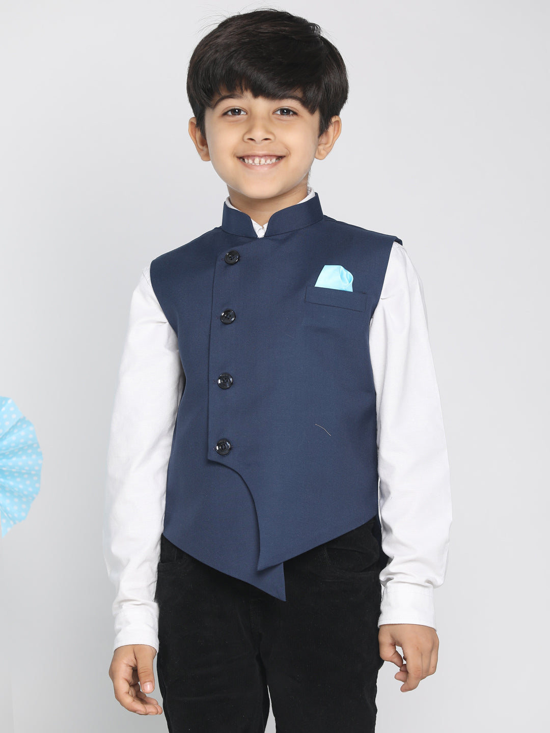 VASTRAMAY Boys Navy Blue Solid Slim-Fit Satin Nehru Jacket - qivii