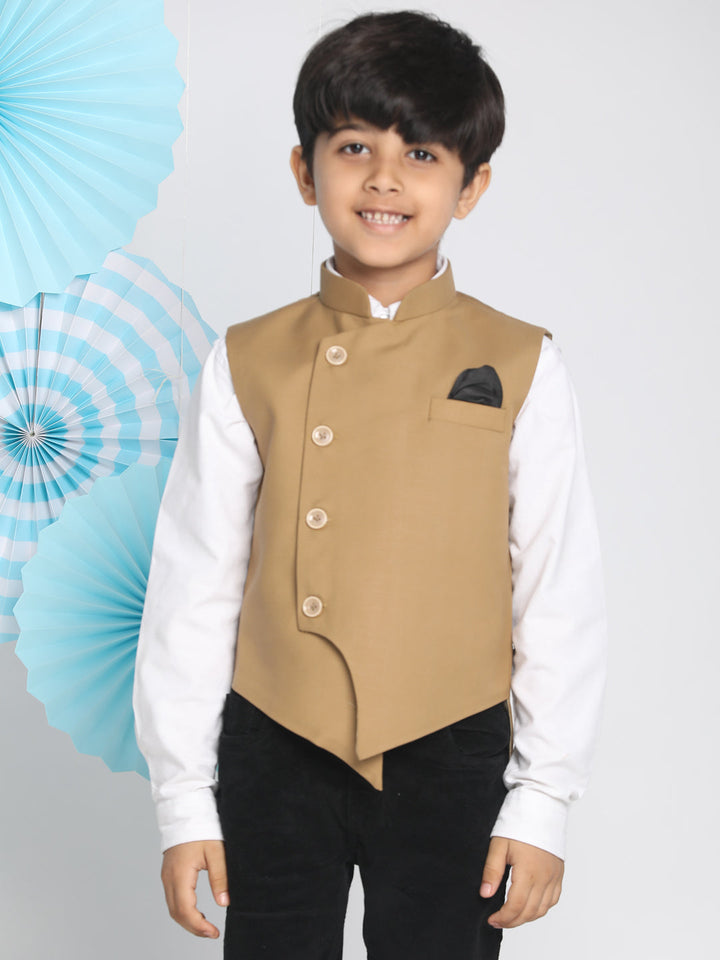 VASTRAMAY Boys Brown Solid Slim-Fit Satin Nehru Jacket - qivii