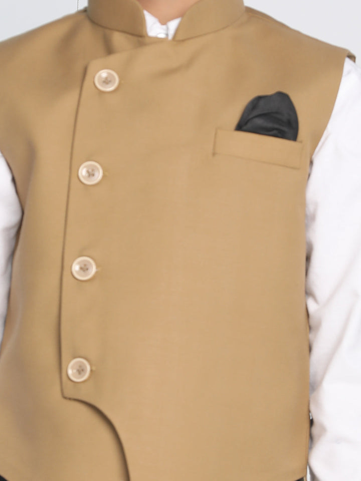 VASTRAMAY Boys Brown Solid Slim-Fit Satin Nehru Jacket - qivii